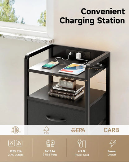 Nightstand with Charging Station & LED Light Strip