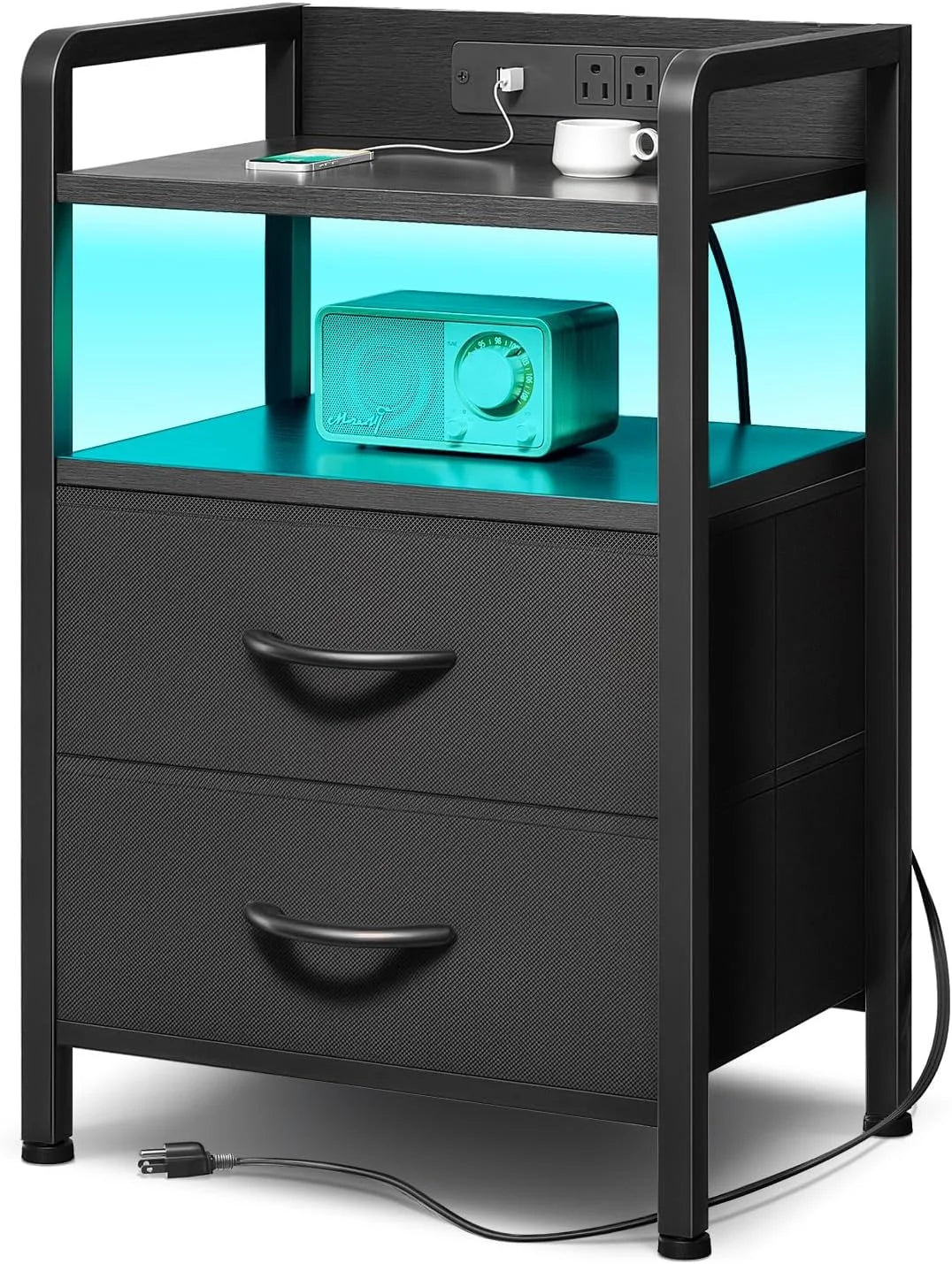 Nightstand with Charging Station & LED Light Strip