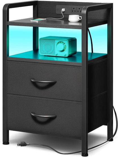 Nightstand with Charging Station & LED Light Strip