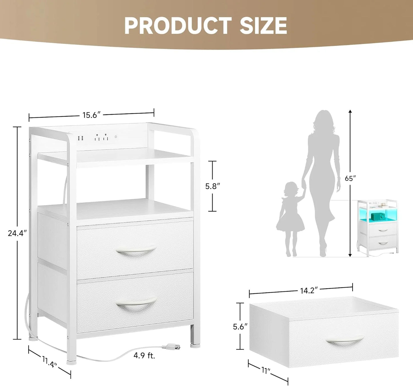 Nightstand with Charging Station & LED Light Strip