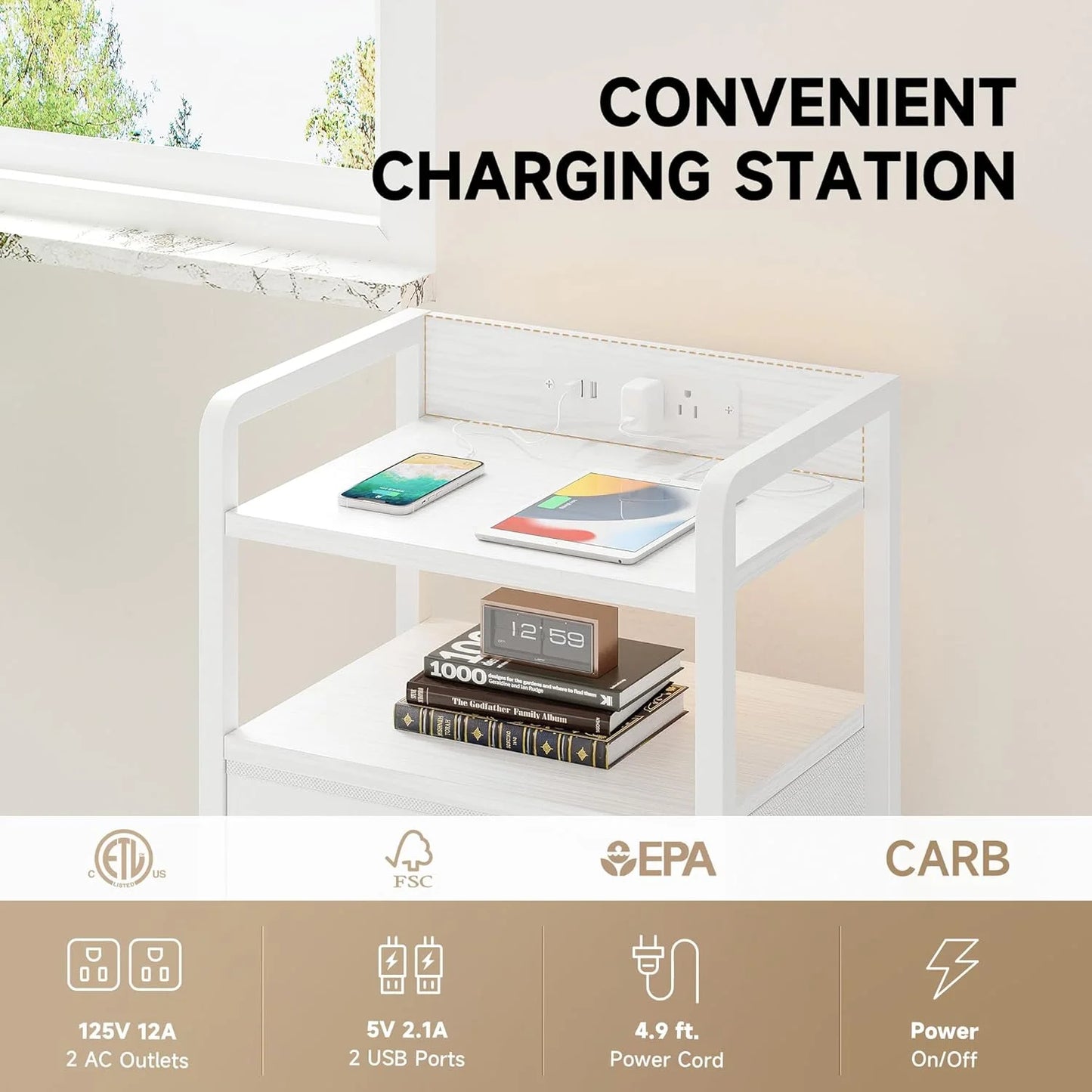 Nightstand with Charging Station & LED Light Strip