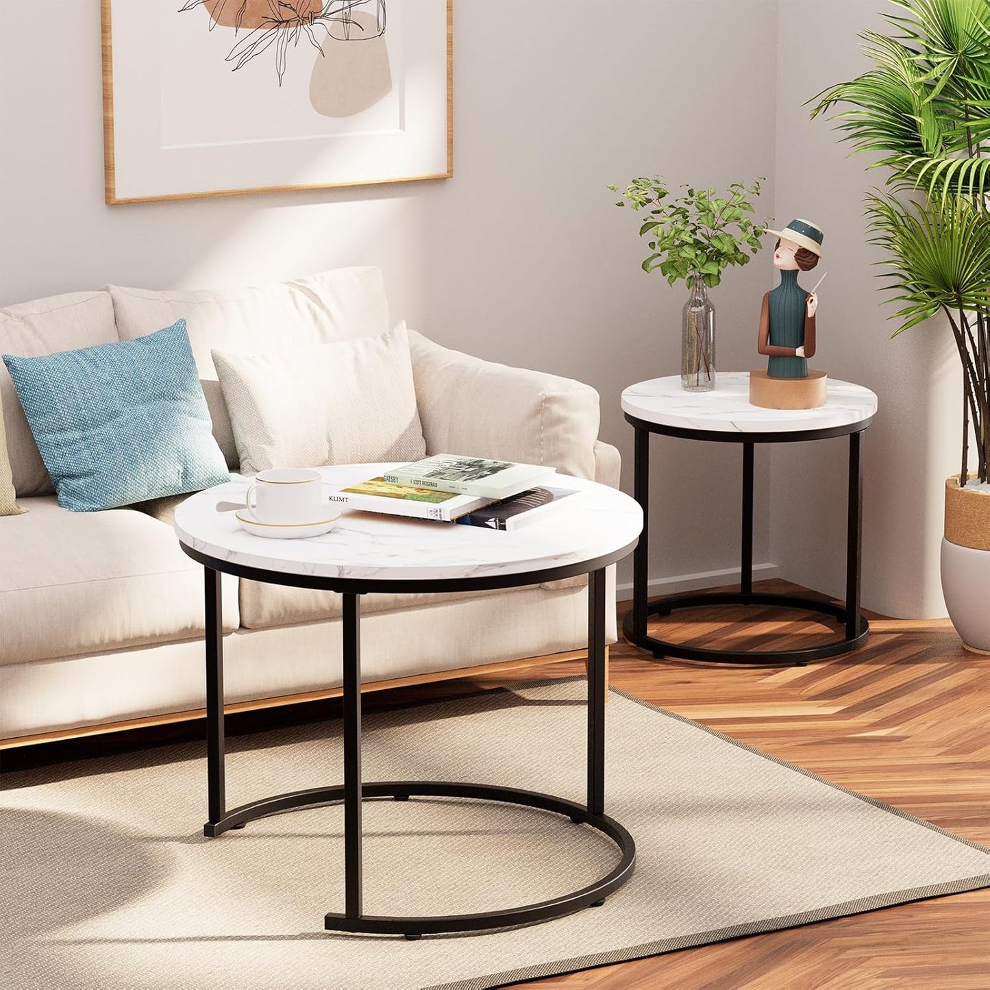 Round Coffee Table Side Table Set of 2 End Tables