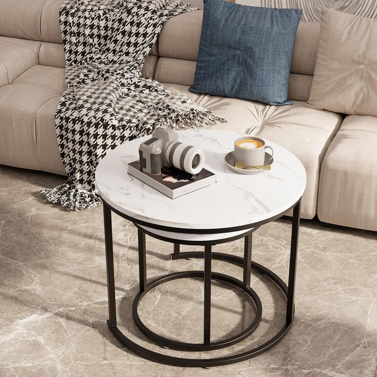 Round Coffee Table Side Table Set of 2 End Tables