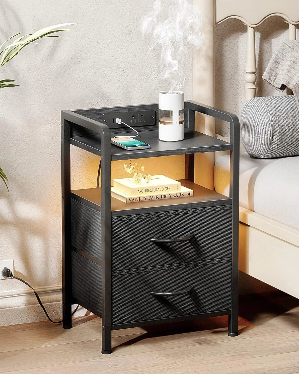 Nightstand with Charging Station & LED Light Strip