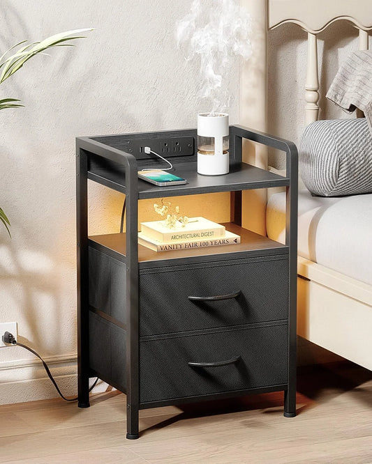 Nightstand with Charging Station & LED Light Strip