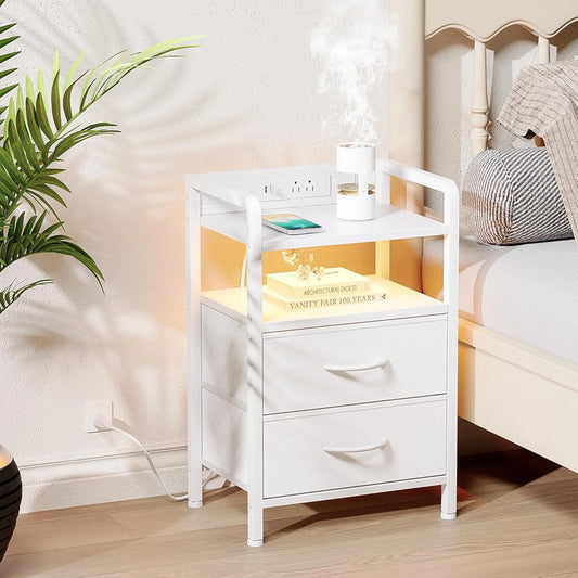Nightstand with Charging Station & LED Light Strip